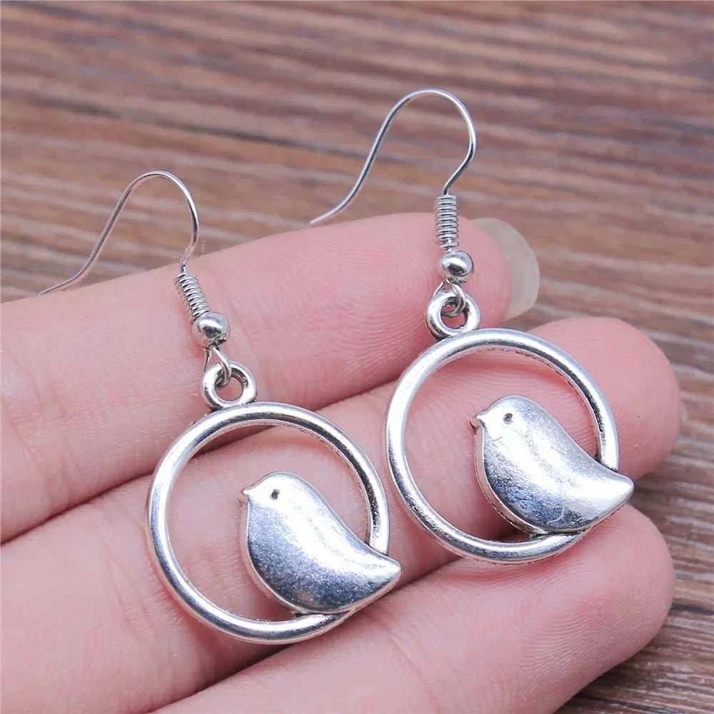 Vintage Fågel Berlock Drop Örhängen Handgjord Boho Jewelry