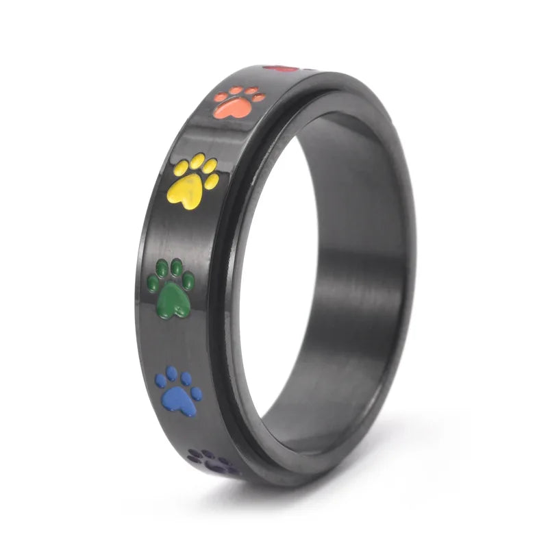 Spinning Anti Stress Tass Ring Rostfritt stål With Rainbow Paws