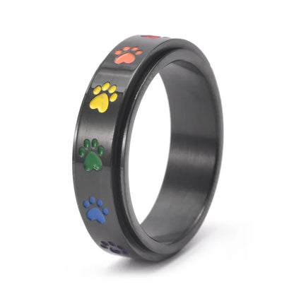 Spinning Anti Stress Tass Ring Rostfritt stål With Rainbow Paws