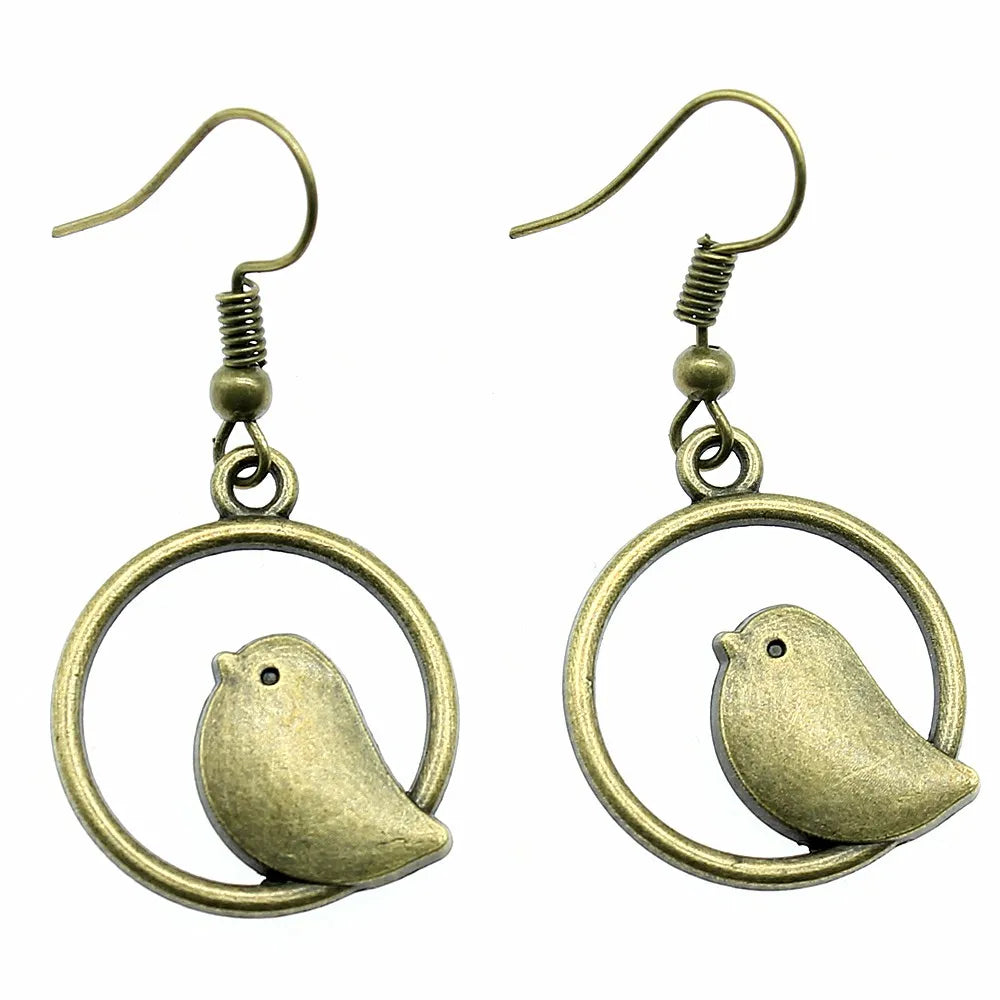 Vintage Fågel Berlock Drop Örhängen Handgjord Boho Jewelry