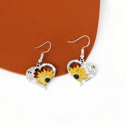 Vintage Boho Sunflower Bi Hjärta Dangle Örhängen