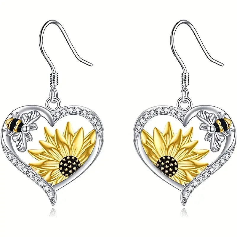 Vintage Boho Sunflower Bi Hjärta Dangle Örhängen