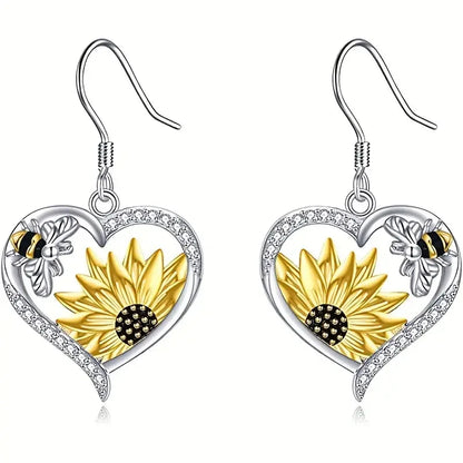Vintage Boho Sunflower Bi Hjärta Dangle Örhängen