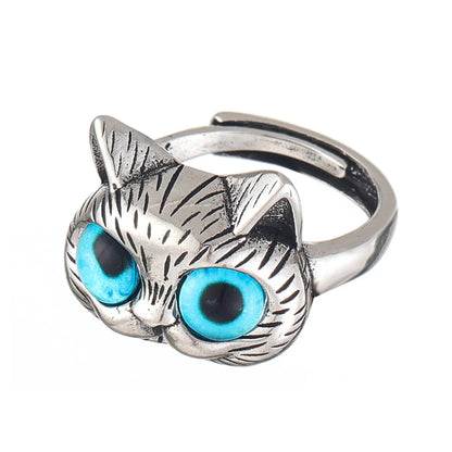 Blue Eyed Katt Ring Playful Vintage Silver Animal Ring For Katt Lovers
