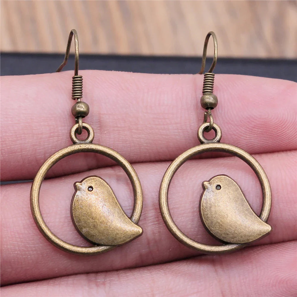 Vintage Fågel Berlock Drop Örhängen Handgjord Boho Jewelry