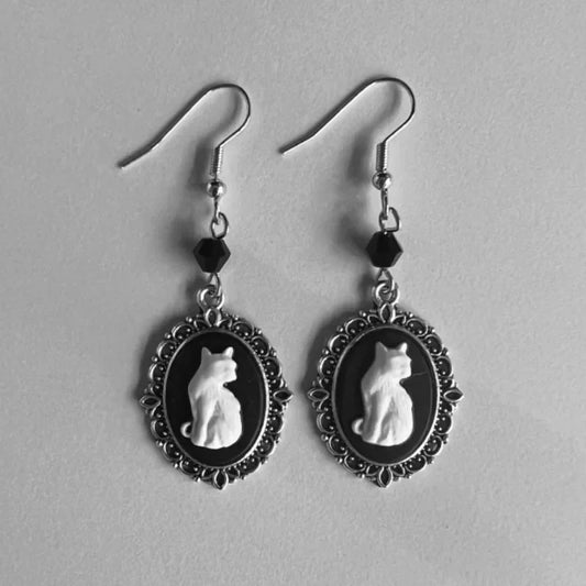 Vintage White Katt Drop Örhängen Silver Frame Jewelry For Women