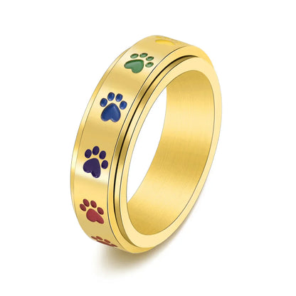 Spinning Anti Stress Tass Ring Rostfritt stål With Rainbow Paws
