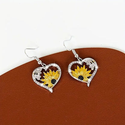 Vintage Boho Sunflower Bi Hjärta Dangle Örhängen
