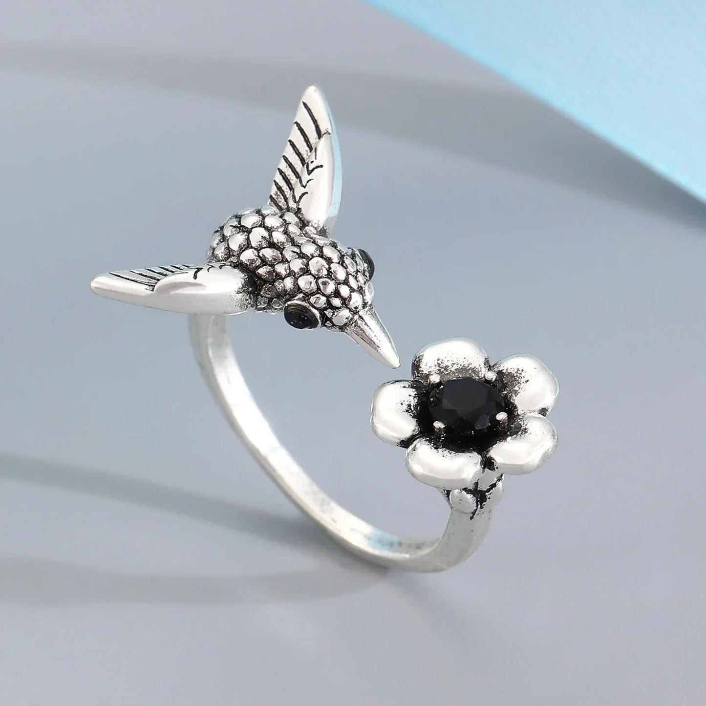 Kolibri Blomma Ring Justerbar Open Fågel Ring For Women
