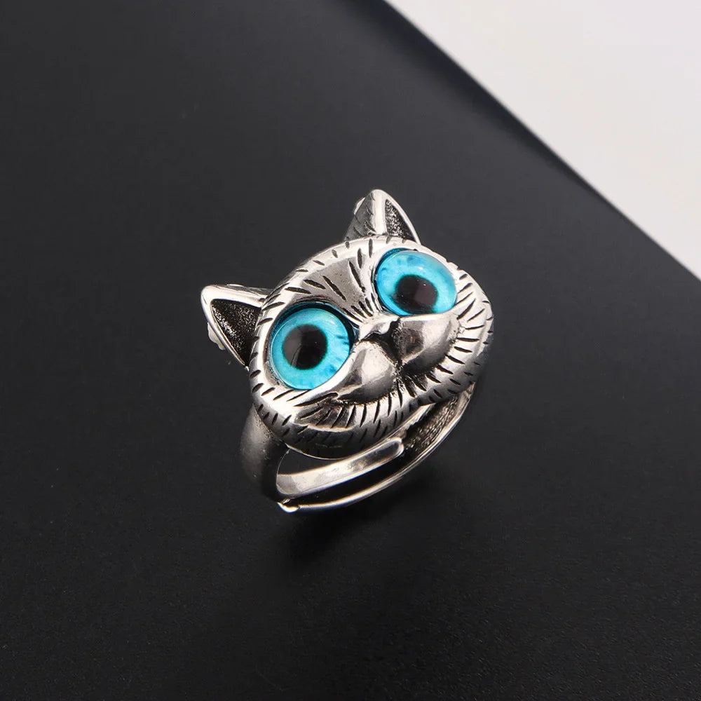 Blue Eyed Katt Ring Playful Vintage Silver Animal Ring For Katt Lovers