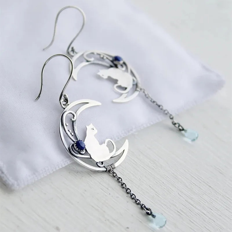 Moonlight Katt Örhängen Vintage Crescent Design With Lapis Lazuli Gemstone