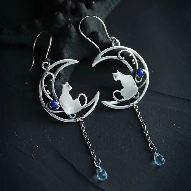Moonlight Katt Örhängen Vintage Crescent Design With Lapis Lazuli Gemstone