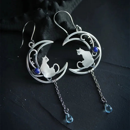 Moonlight Katt Örhängen Vintage Crescent Design With Lapis Lazuli Gemstone