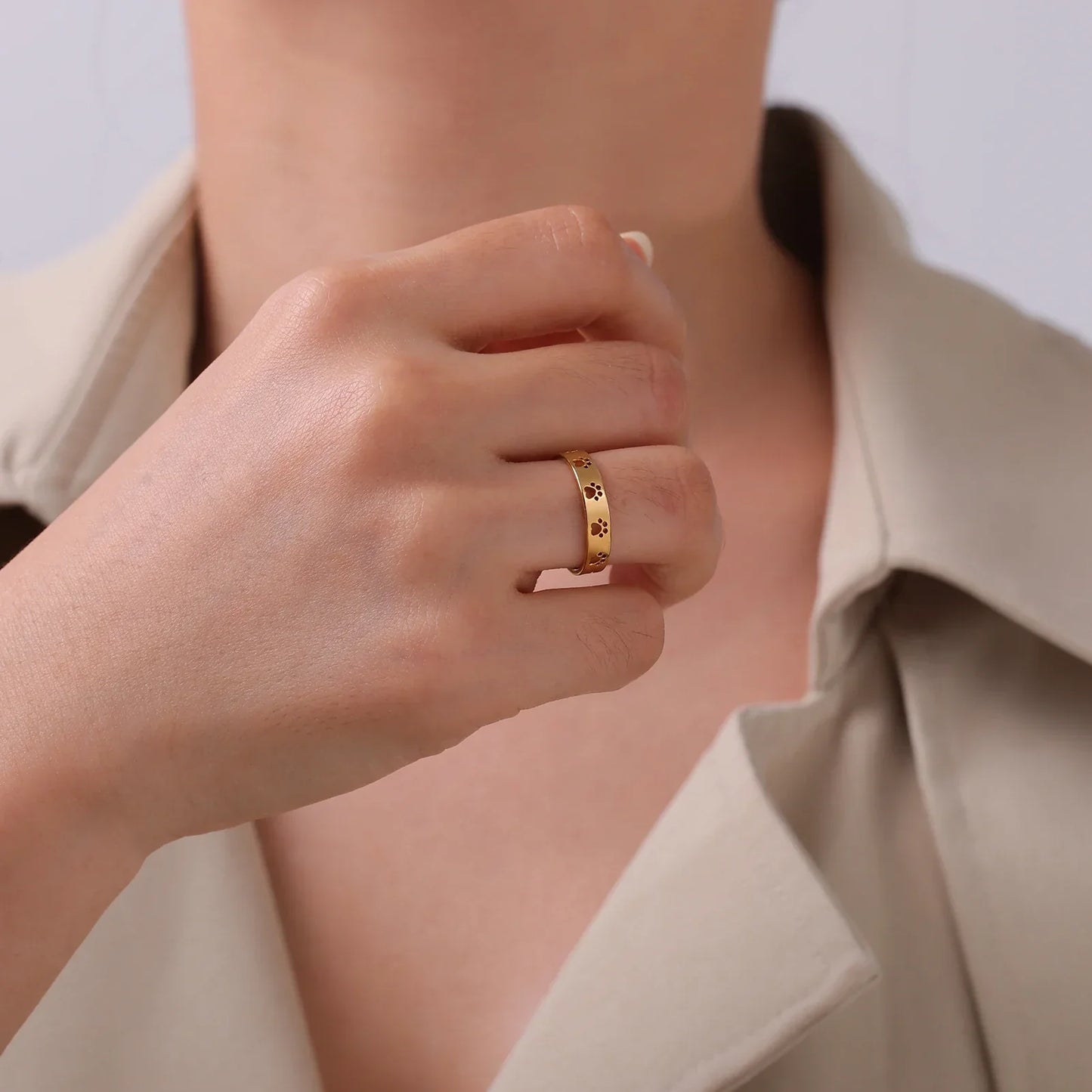 Guld Tone Tass Print Ring Justerbar Rostfritt stål