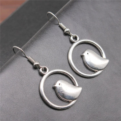 Vintage Fågel Berlock Drop Örhängen Handgjord Boho Jewelry