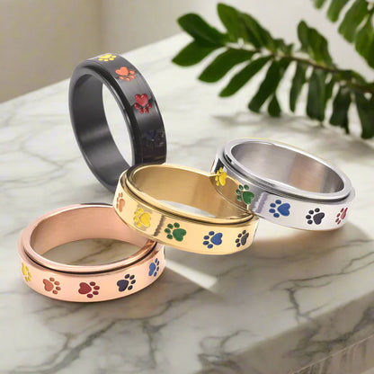 Spinning Anti Stress Tass Ring Rostfritt stål With Rainbow Paws