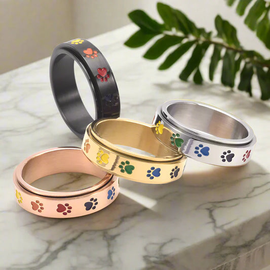 Spinning Anti Stress Tass Ring Rostfritt stål With Rainbow Paws