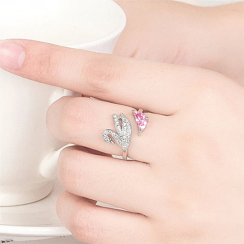 Swan Crystal Ring - Adjustable Rose Gold