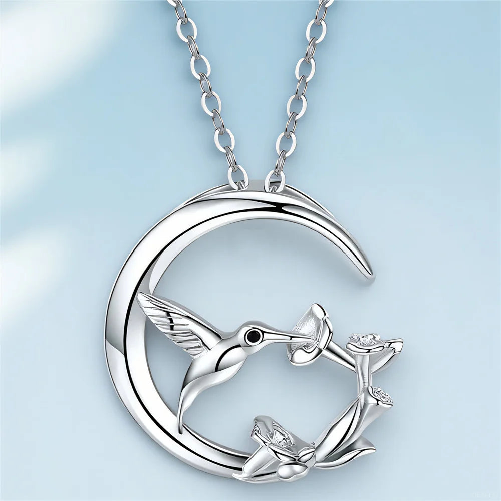 Måne Fågel Vintage Silver Hänge Halsband