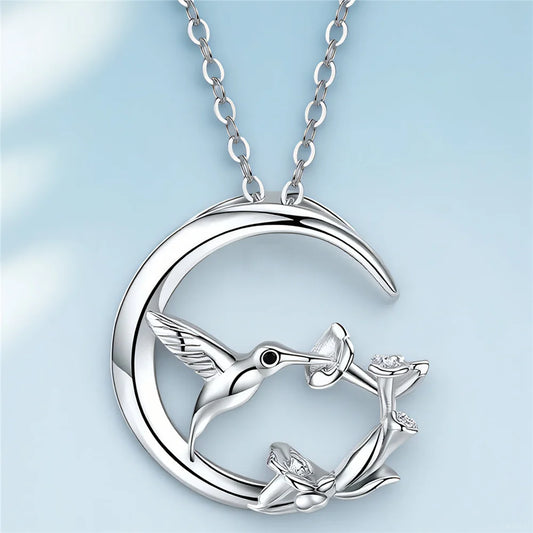 Måne Fågel Vintage Silver Hänge Halsband