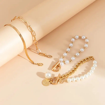 Chic Guld 4-Delars armband Set - Snake, Pearls & Links | Guld