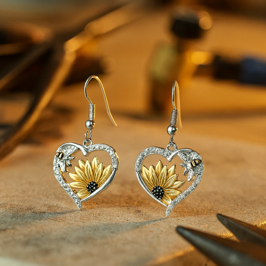 Vintage Boho Sunflower Bi Hjärta Dangle Örhängen