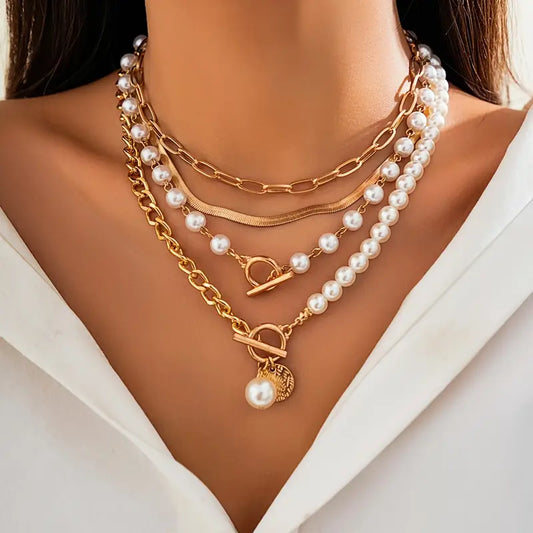 Vintage Pärla & Guld Snake kedjehalsband Set | Guld
