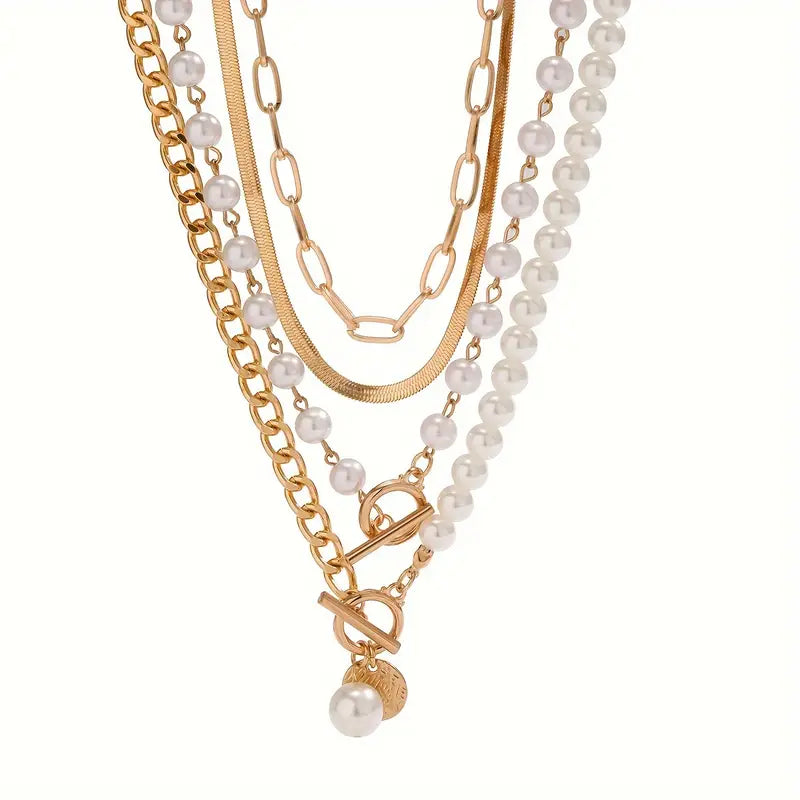 Vintage Pärla & Guld Snake kedjehalsband Set | Guld