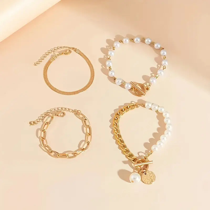 Chic Guld 4-Delars armband Set - Snake, Pearls & Links | Guld