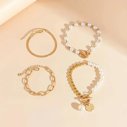 Chic Guld 4-Delars armband Set - Snake, Pearls & Links | Guld