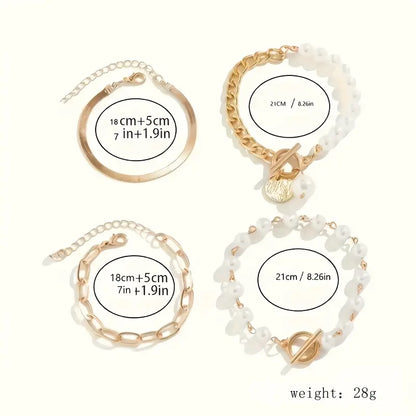 Chic Guld 4-Delars armband Set - Snake, Pearls & Links | Guld