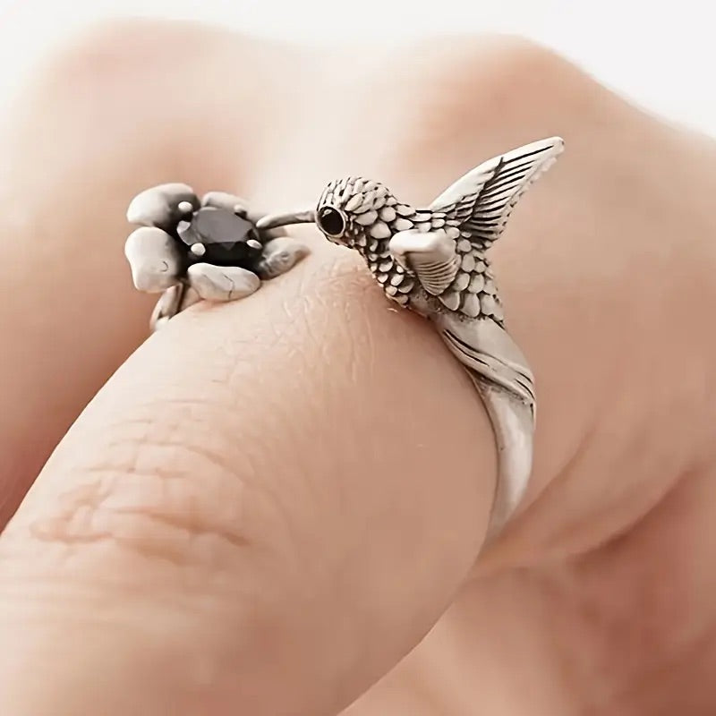 Kolibri Blomma Ring Justerbar Open Fågel Ring For Women