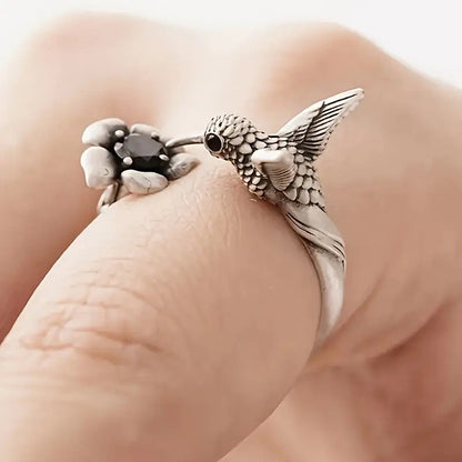Kolibri Blomma Ring Justerbar Open Fågel Ring For Women