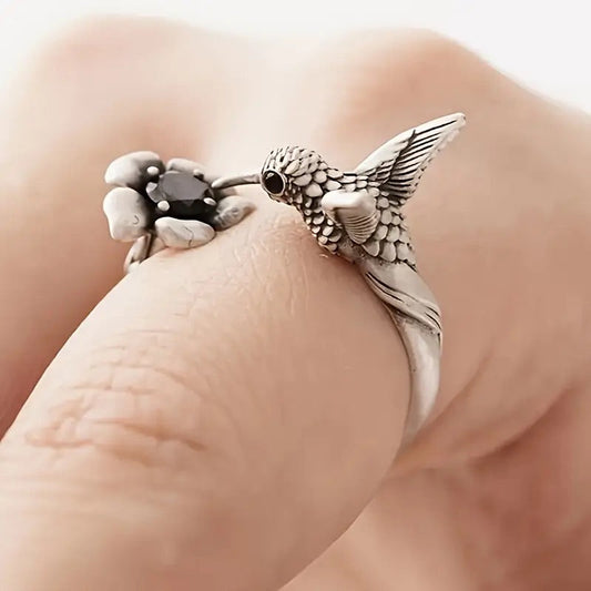 Kolibri Blomma Ring Justerbar Open Fågel Ring For Women