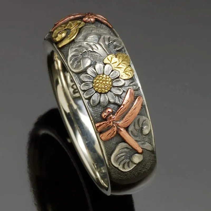 Vintage Sunflower Trollslända Ring