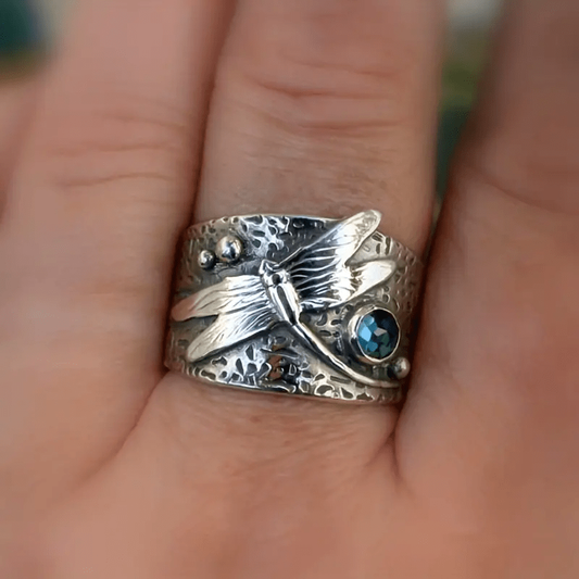 Vintage Blue Kristall Trollslända Silver Ring