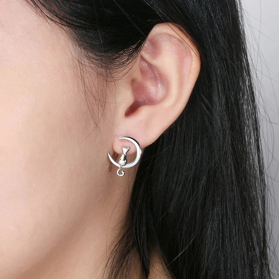 Måne Katt Sterling Silver Stud Katt Örhängen With Simplicity