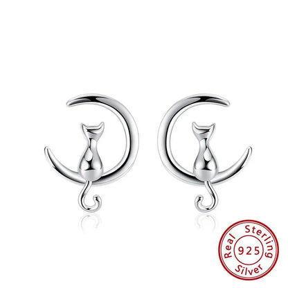 Måne Katt Sterling Silver Stud Katt Örhängen With Simplicity