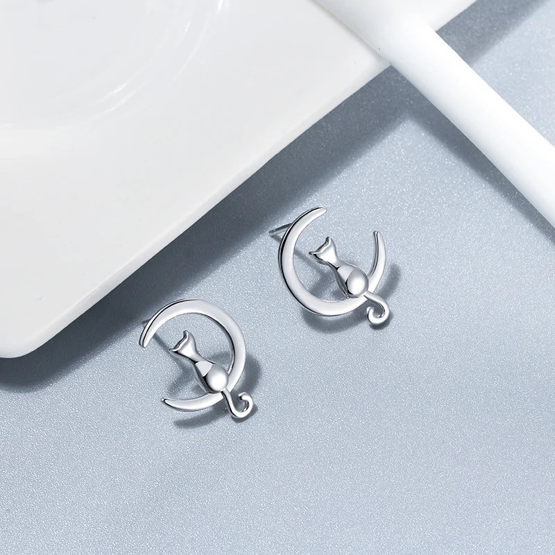 Måne Katt Sterling Silver Stud Katt Örhängen With Simplicity