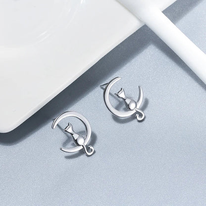 Måne Katt Sterling Silver Stud Katt Örhängen With Simplicity