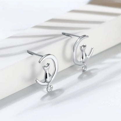 Måne Katt Sterling Silver Stud Katt Örhängen With Simplicity