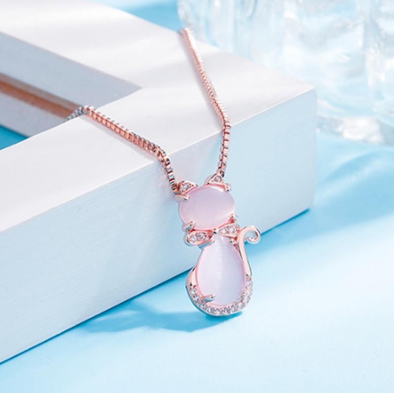 Pink Stone Lovely Katt Halsband With Zircon