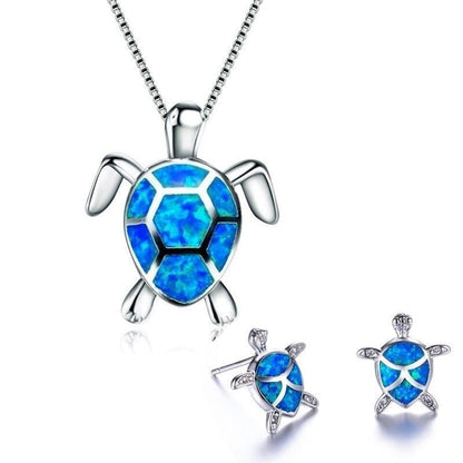 Conjunto Collar Pendientes De Tortuga Marina En Opalo Y Plata