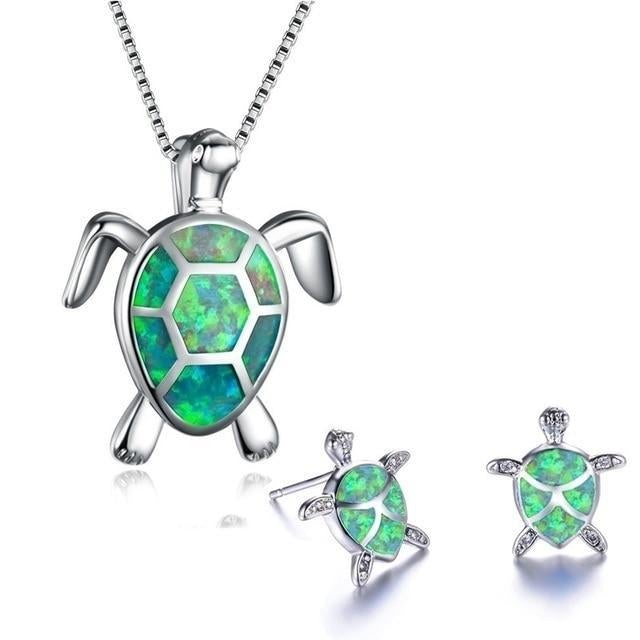 Conjunto Collar Pendientes De Tortuga Marina En Opalo Y Plata