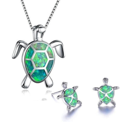 Conjunto Collar Pendientes De Tortuga Marina En Opalo Y Plata