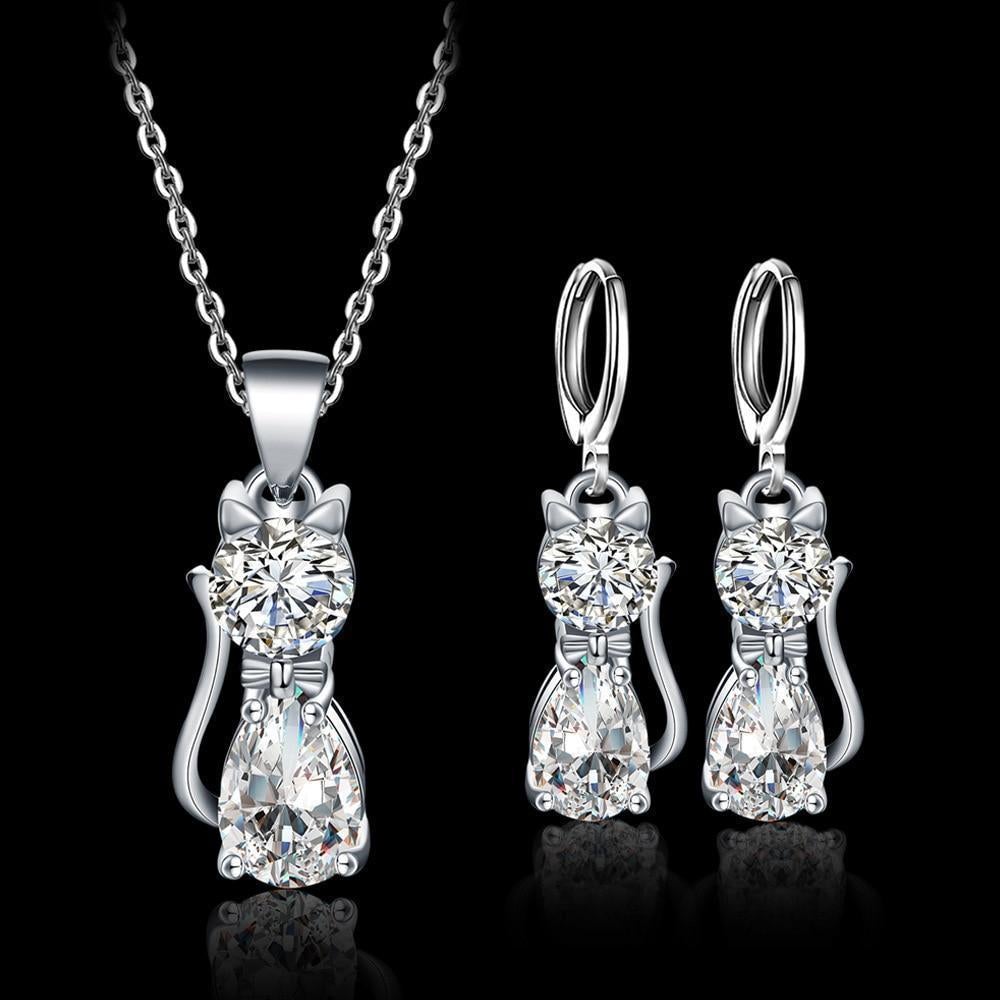 Set Halsband Örhängen Happy Cats In Sterling Silver And Polished White Zirconium
