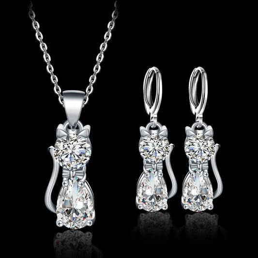 Set Halsband Örhängen Happy Cats In Sterling Silver And Polished White Zirconium