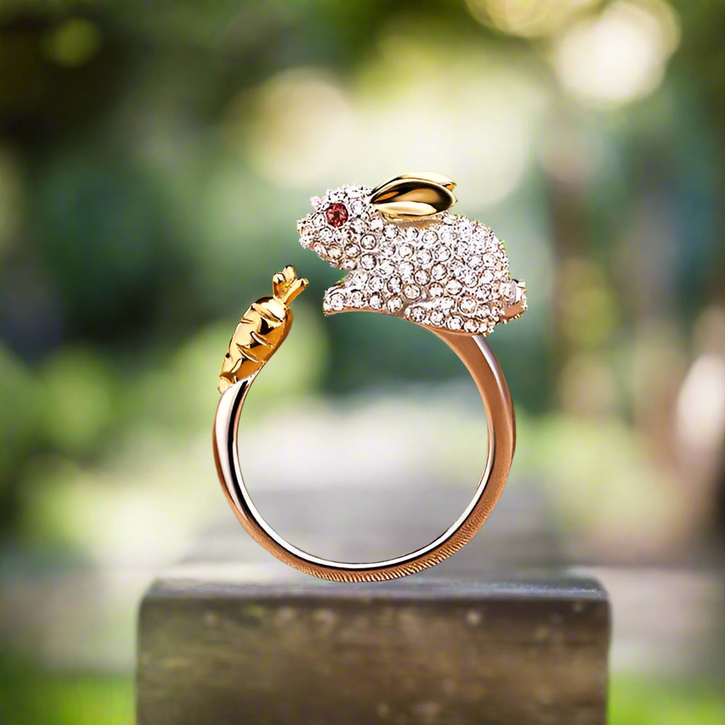 Unique Justerbar Silver Bunny And Carrot Kristall Ring