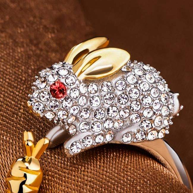 Unique Justerbar Silver Bunny And Carrot Kristall Ring
