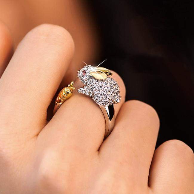 Unique Justerbar Silver Bunny And Carrot Kristall Ring